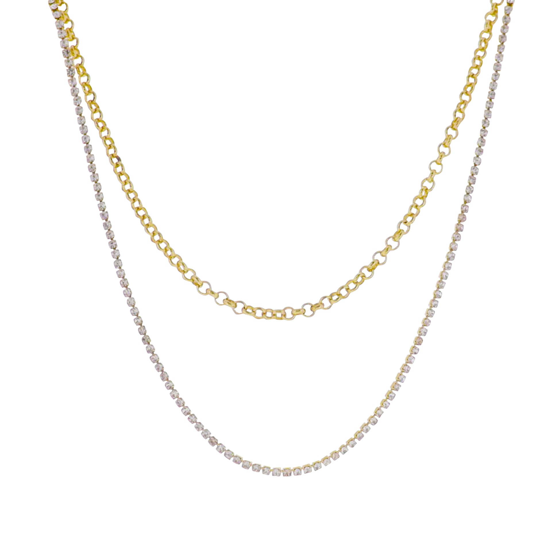 18k Gold Plated Rolo, Stone Chain 2 Layer Necklace
