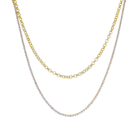 18k Gold Plated Rolo, Stone Chain 2 Layer Necklace