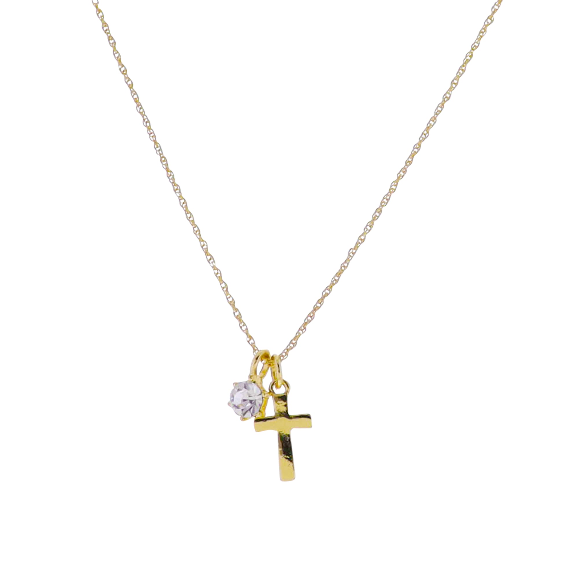 18k Gold Plated Figaro Chain Necklace with Gold, Clear Cross, Crystal Circle Charm