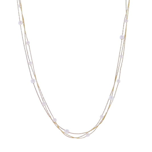 18k Gold Plated Thin Snake Chain 3 Layer Necklace with Pearl Stations