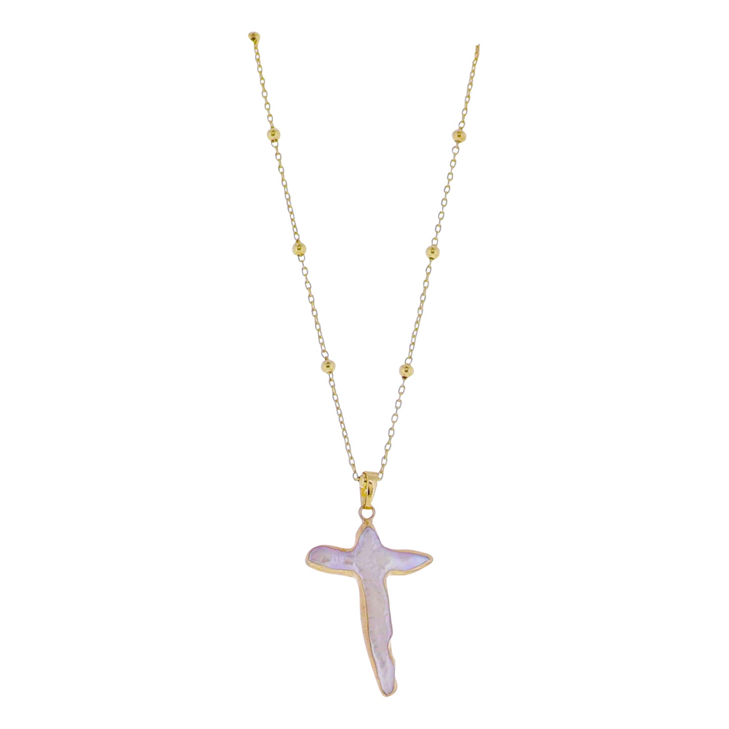 18k Gold Plated Ball Station Chain Necklace with Electroplated Pearl Cross