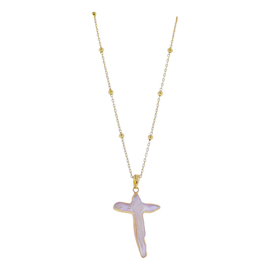 18k Gold Plated Ball Station Chain Necklace with Electroplated Pearl Cross