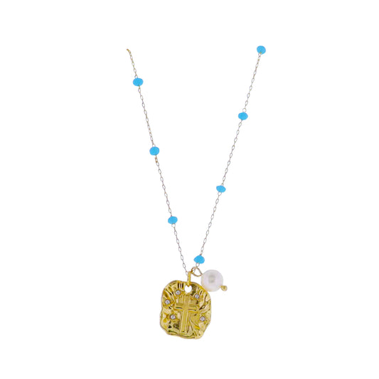 18k Gold Plated Chain with Blue Faceted Bead Stations Necklace with Plate with Cross, Pearl