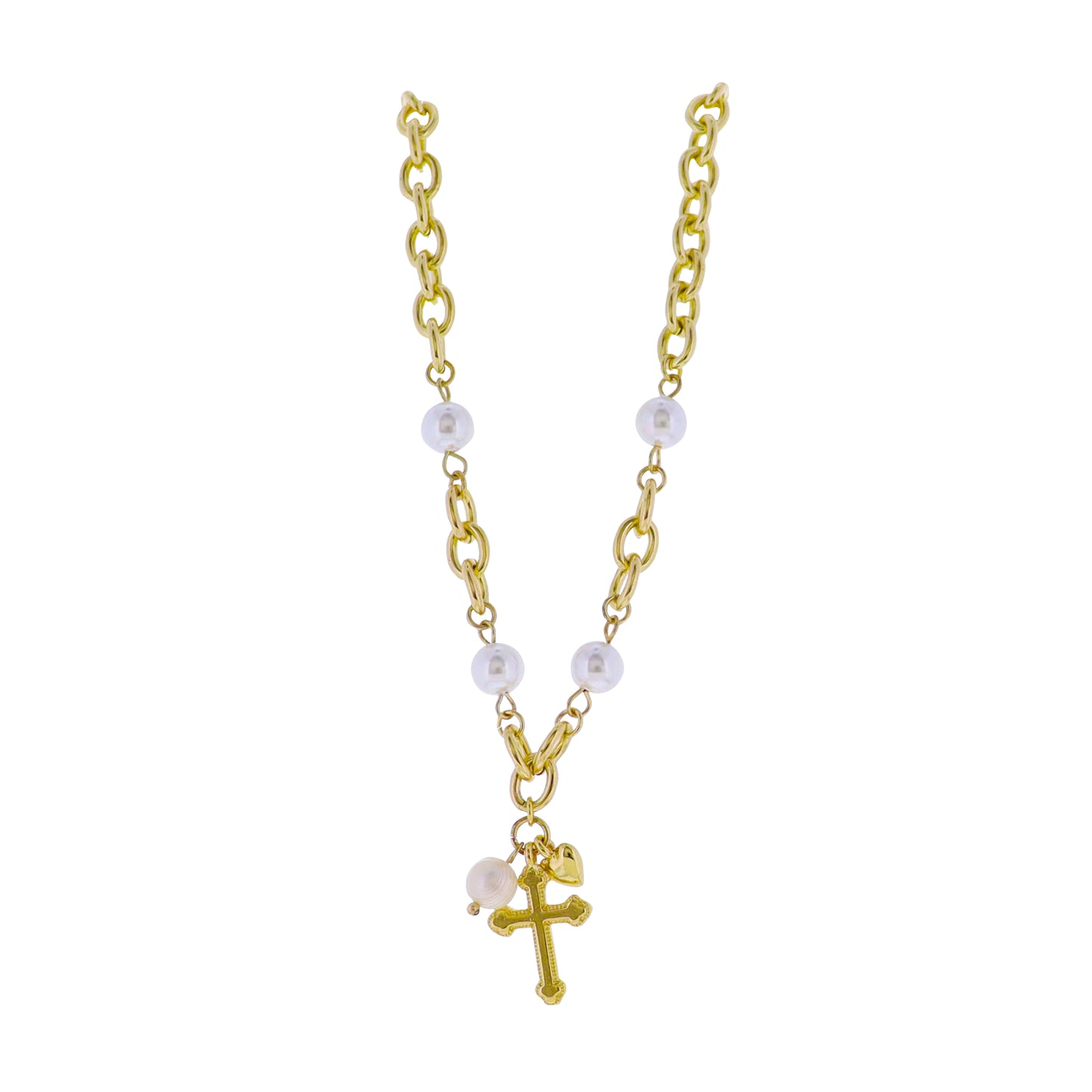 18k Gold Plated Chain with Pearl Accents Necklace and Cross, Heart, Pearl Charms