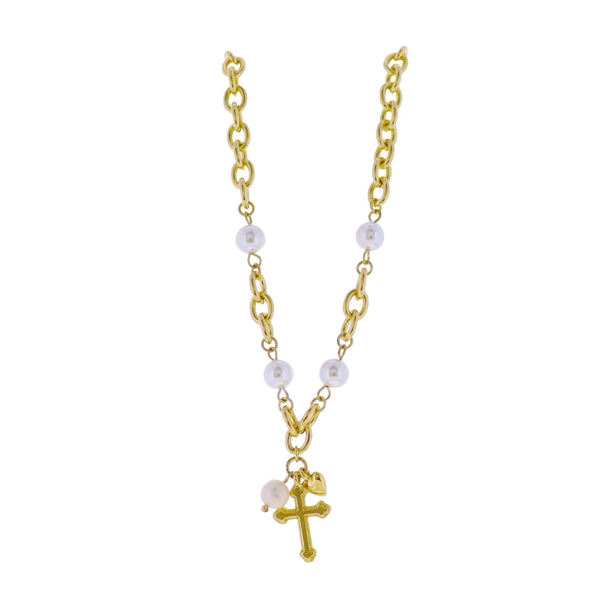 18k Gold Plated Chain with Pearl Accents Necklace and Cross, Heart, Pearl Charms