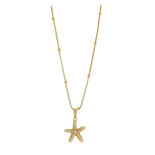 18k Gold Plated Ball Station Chain Necklace with Starfish