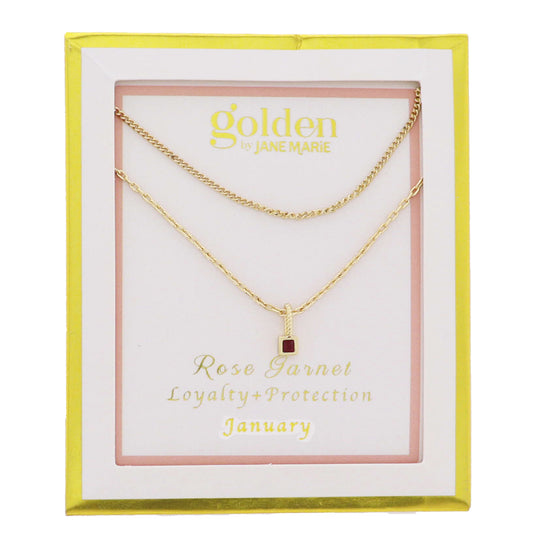 18k Gold Plated Satellite, Cable Chains Necklace with January Rose Garnet Pendant