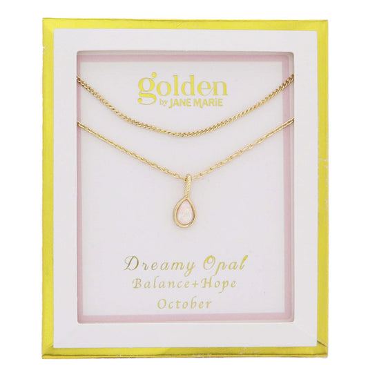 18k Gold Plated Satellite, Cable Chains Necklace with October Dreamy Opal Pendant