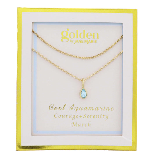 18k Gold Plated Satellite, Cable Chains Necklace with March Cool Aquamarine Pendant