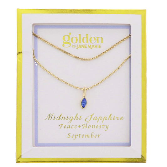 18k Gold Plated Satellite, Cable Chains Necklace with September Midnight Sapphire Pendant