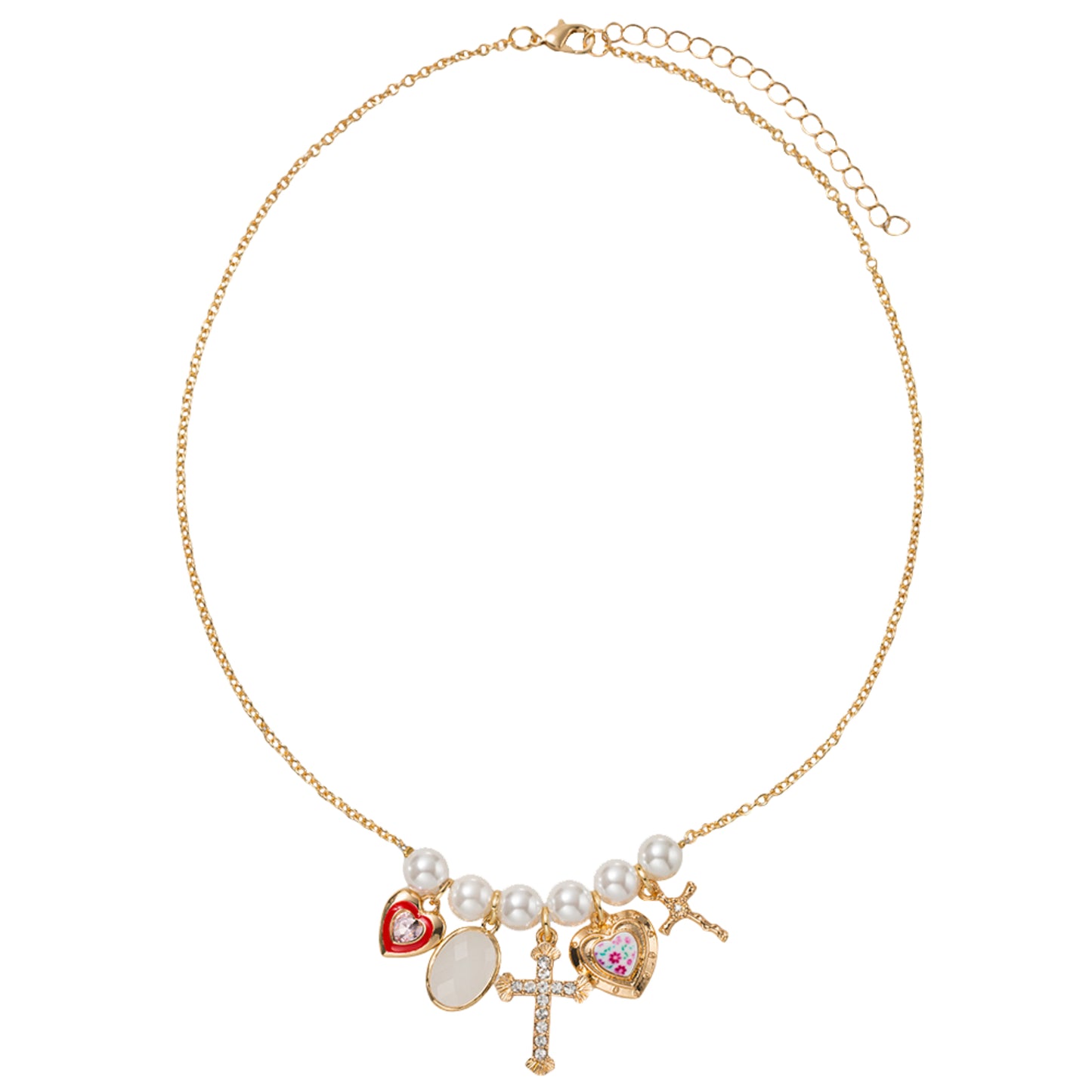 Pearl Bar with Heart, Stone, Cross, Heart, Cross Charm O Chain Necklace