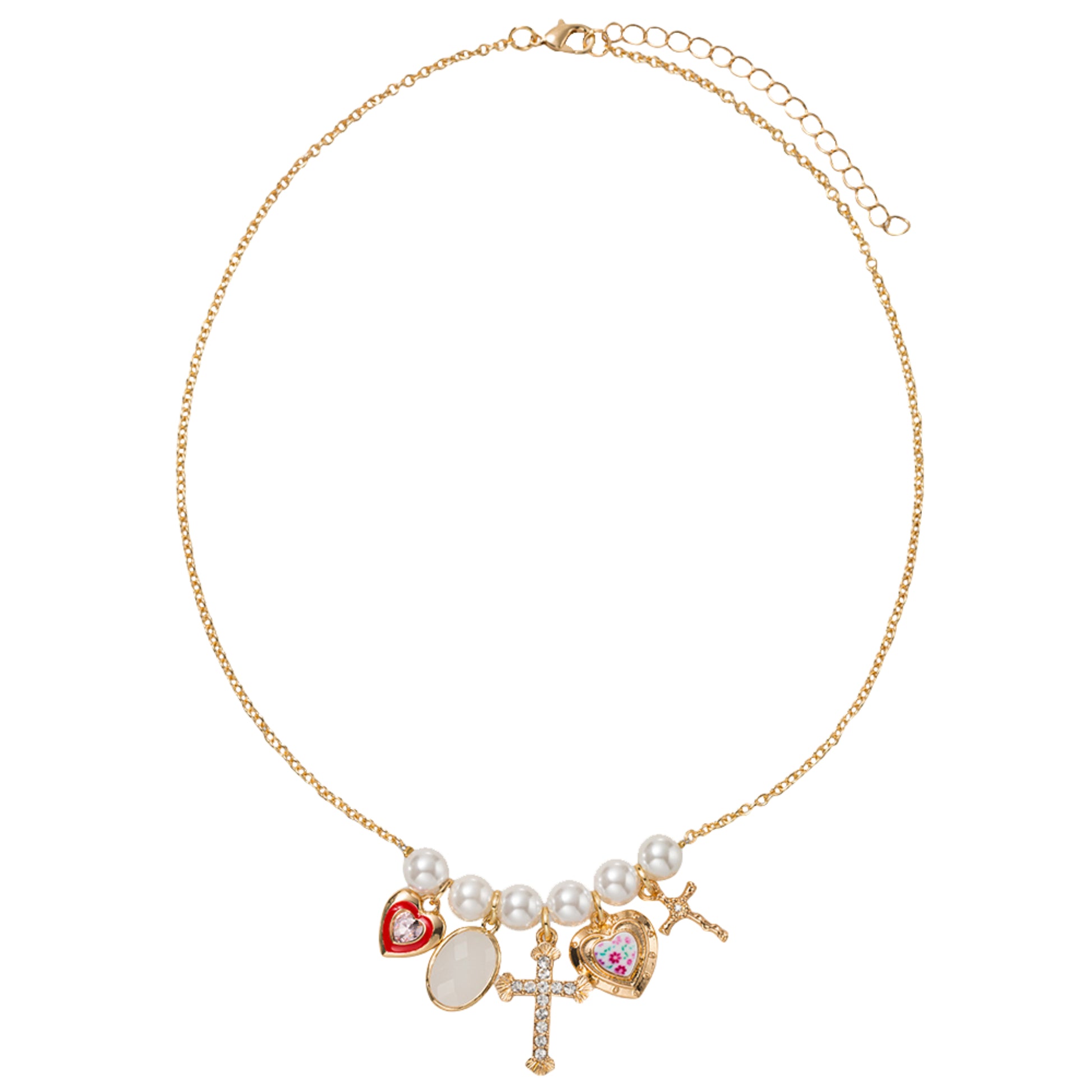 Pearl Bar with Heart, Stone, Cross, Heart, Cross Charm O Chain Necklace