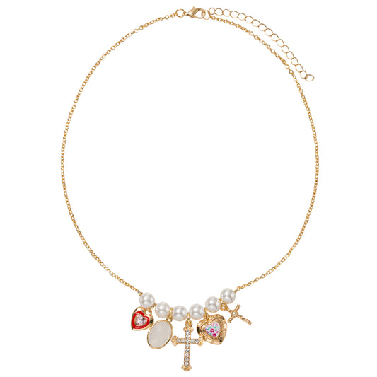 Pearl Bar with Heart, Stone, Cross, Heart, Cross Charm O Chain Necklace