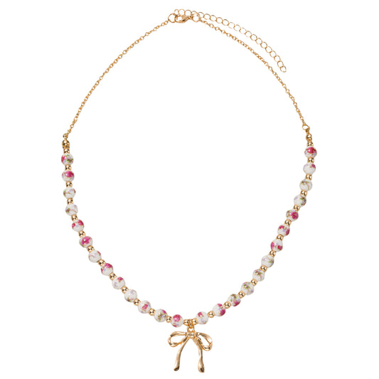 Half Pink Floral Beaded with Bow O Chain Necklace