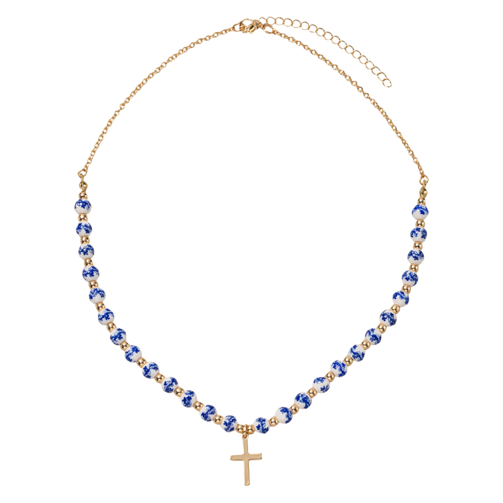 Half Blue Floral Beaded with Cross O Chain Necklace
