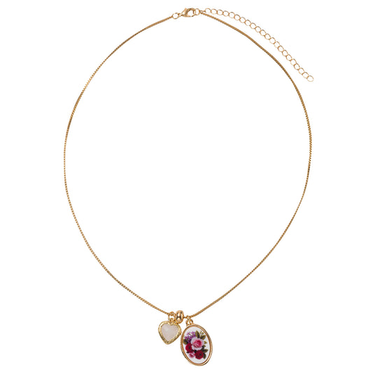 Floral Oval and Heart Charms Box Necklace