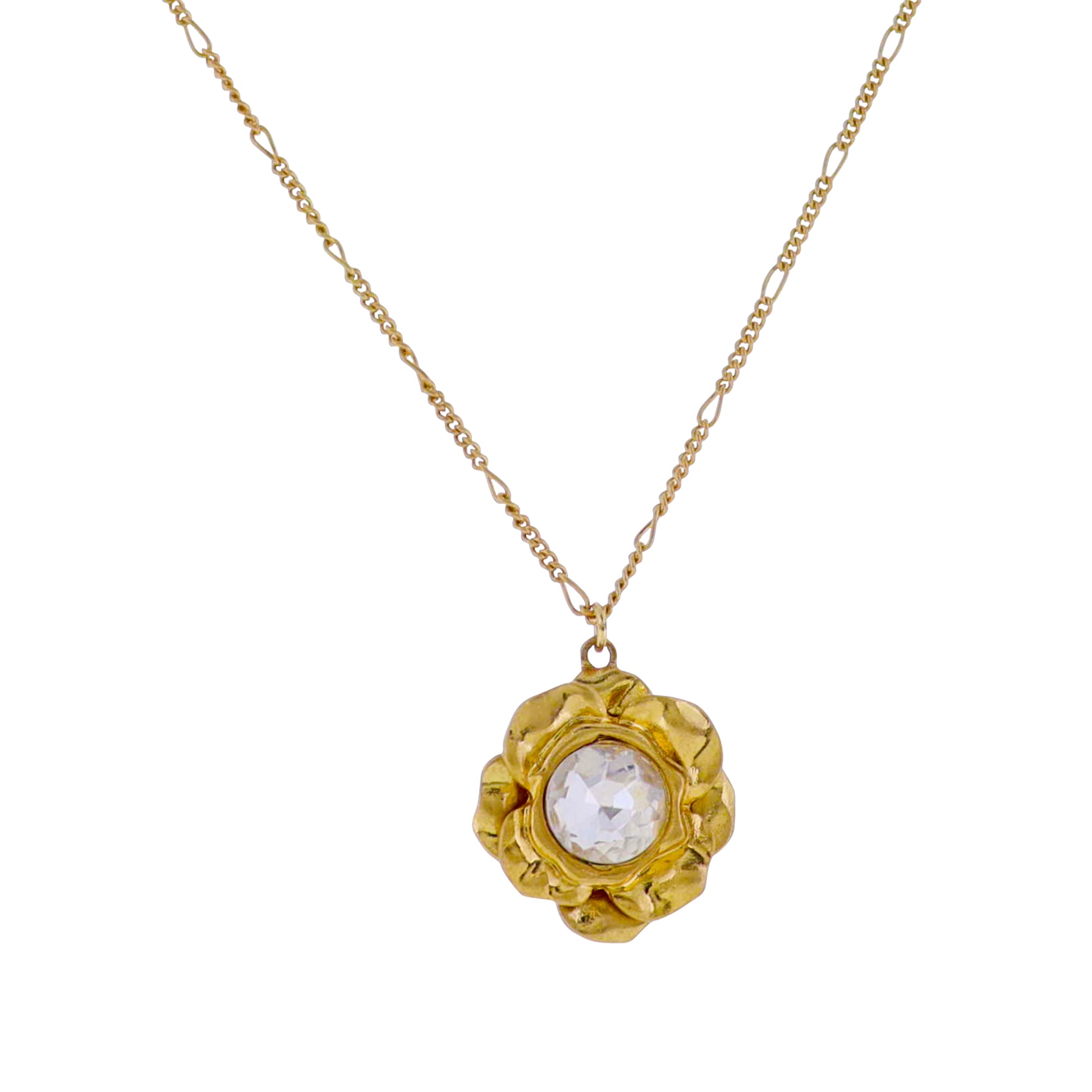 Gold Twisted Bar, Oval Link Chain Necklace with Clear Crystal Center Artisan Flower