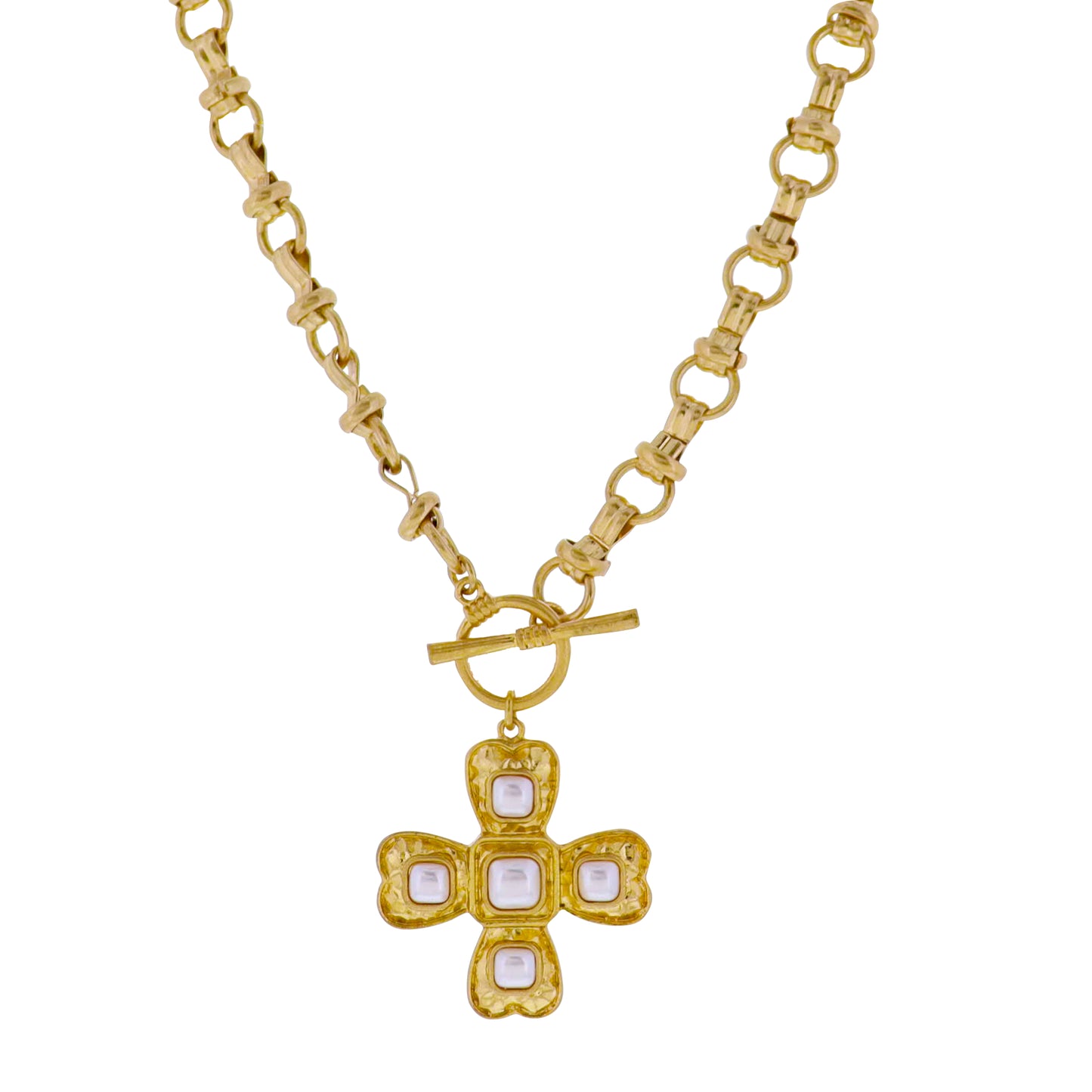 Gold Double Connector Rolo Chain Necklace with Pearl Accents Artisan Cross