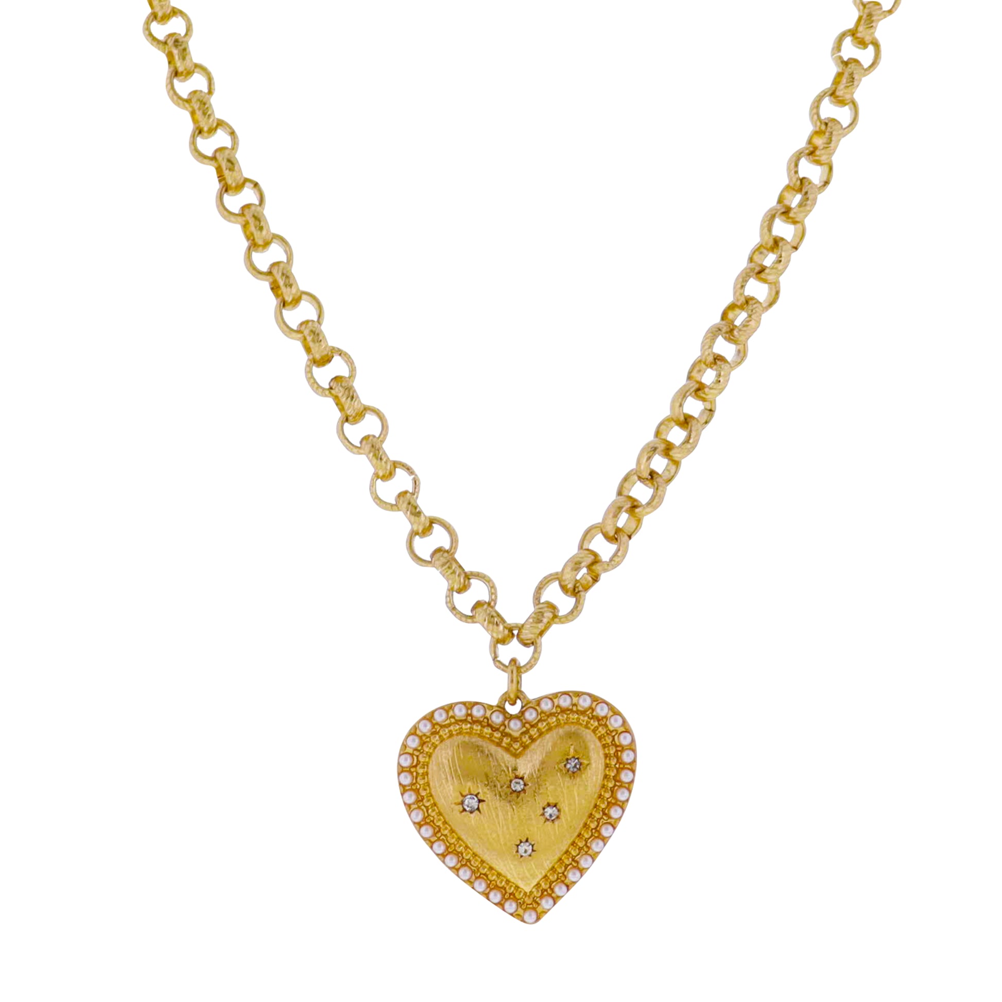 Gold Rolo Chain Necklace with Gold Heart with Pearl Edges