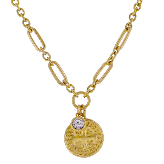 Gold Mixed Cable, Paperclip Chain Necklace with Gold Coin with Cross, Crystal Charm