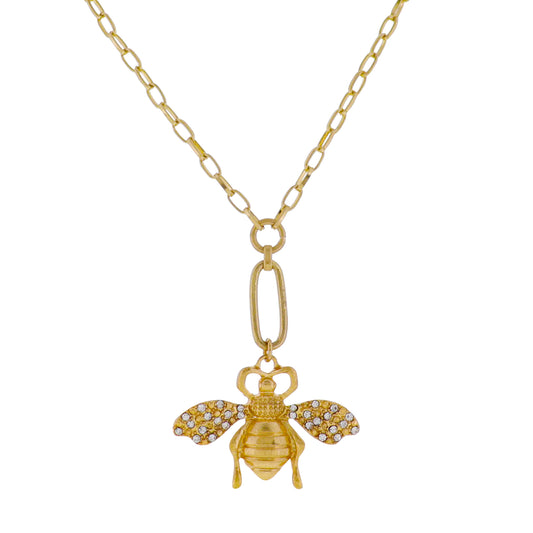Gold Paperclip Chain Necklace with Gold Bee with Crystal Accents