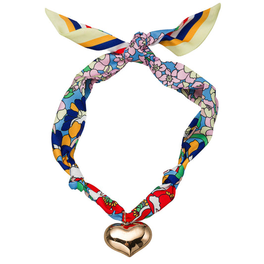 Floral Pattern Tie Necklace with Gold Heart