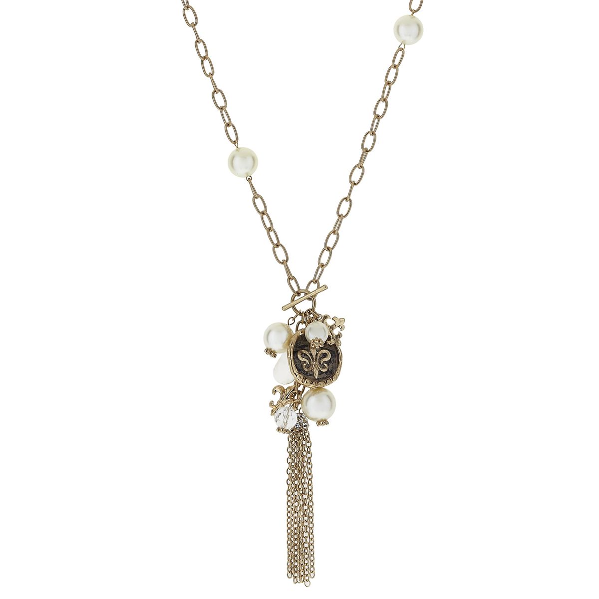 Fleur De Lis Pearl Station, Epoxy and Charm Tassel Necklace