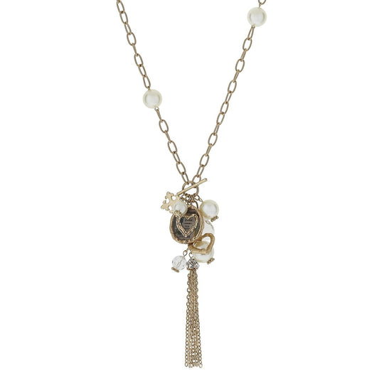 Open Heart Pearl Station, Epoxy and Charm Tassel Necklace