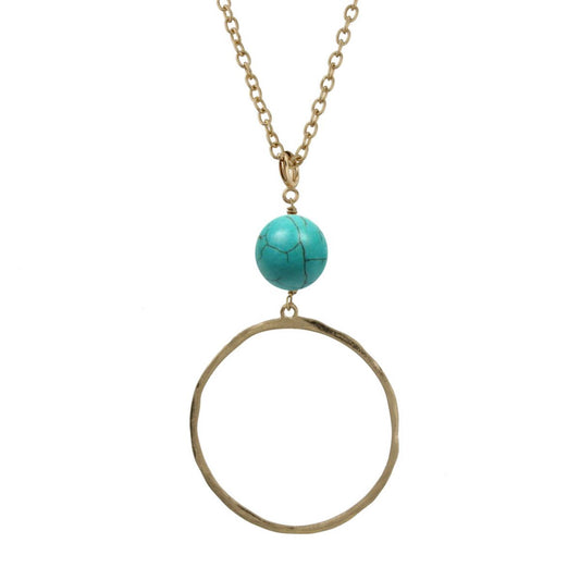 Gold Big Ring Necklace with Turquoise Stone