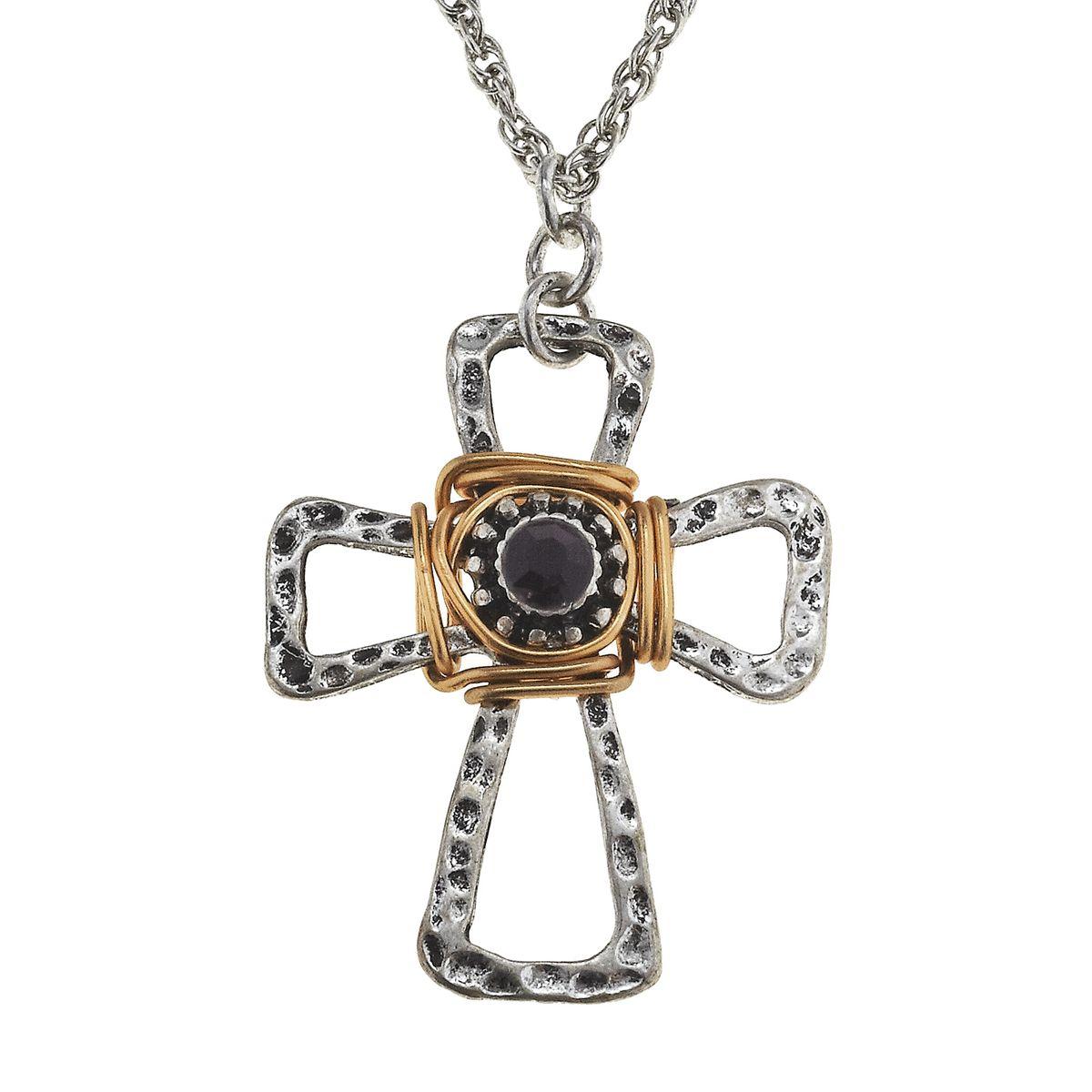 Wire Wrapped Cross with Amethyst Rhinestone Necklace