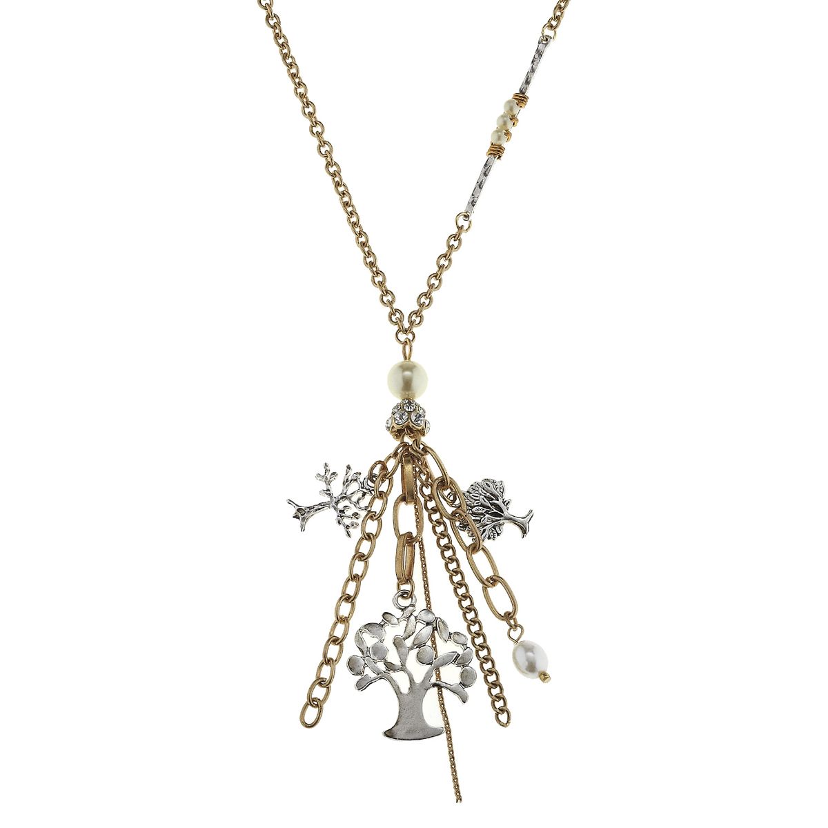 2-Tone Ivory Pearl and Tree Charm Cluster Necklace