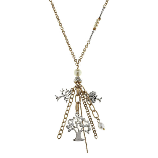 2-Tone Ivory Pearl and Tree Charm Cluster Necklace
