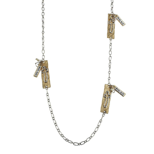Silver 2-Tone Open Cross Station and "Phil 4:13" Scripture Charm Necklace