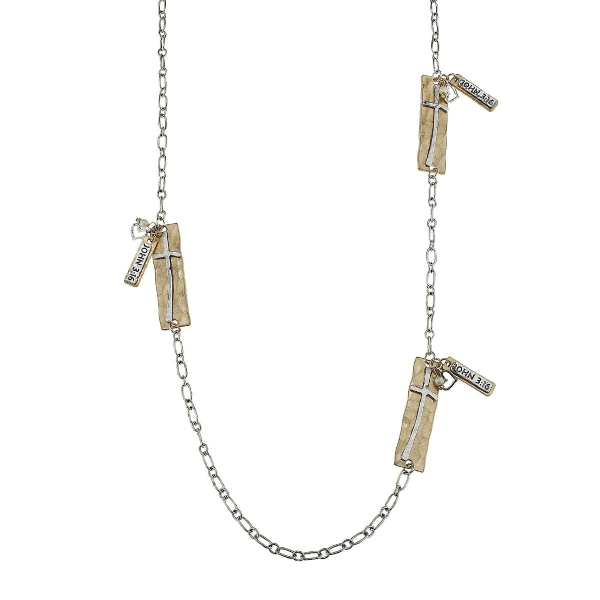 Silver 2-Tone Cross Station and "John 3:16" Scripture Charm Necklace