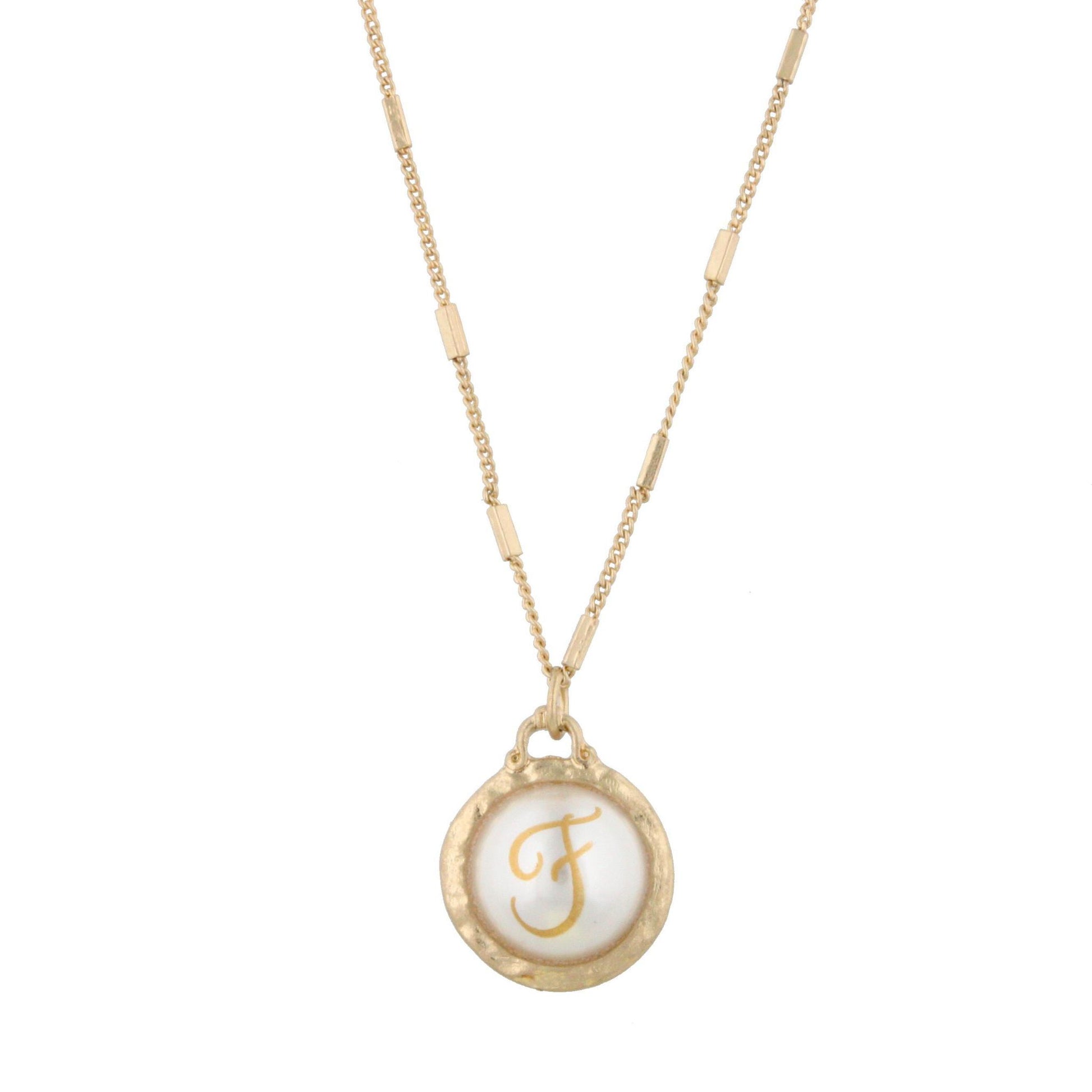 16" Gold Chain Necklace with Pearl Cabochan F Initial, 3" Ext
