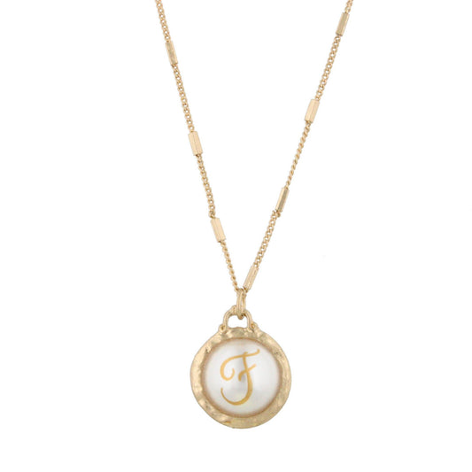 16" Gold Chain Necklace with Pearl Cabochan F Initial, 3" Ext