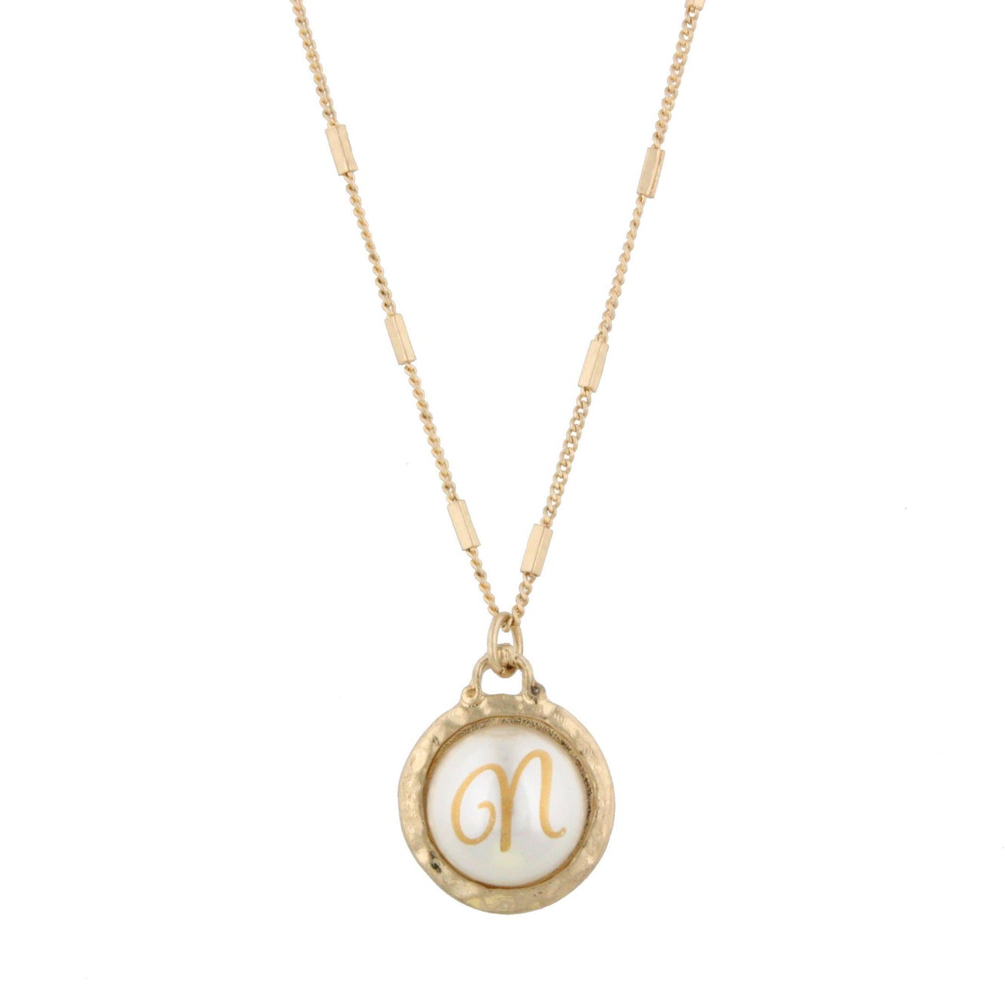 16" Gold Chain Necklace with Pearl Cabochan N Initial, 3" Ext