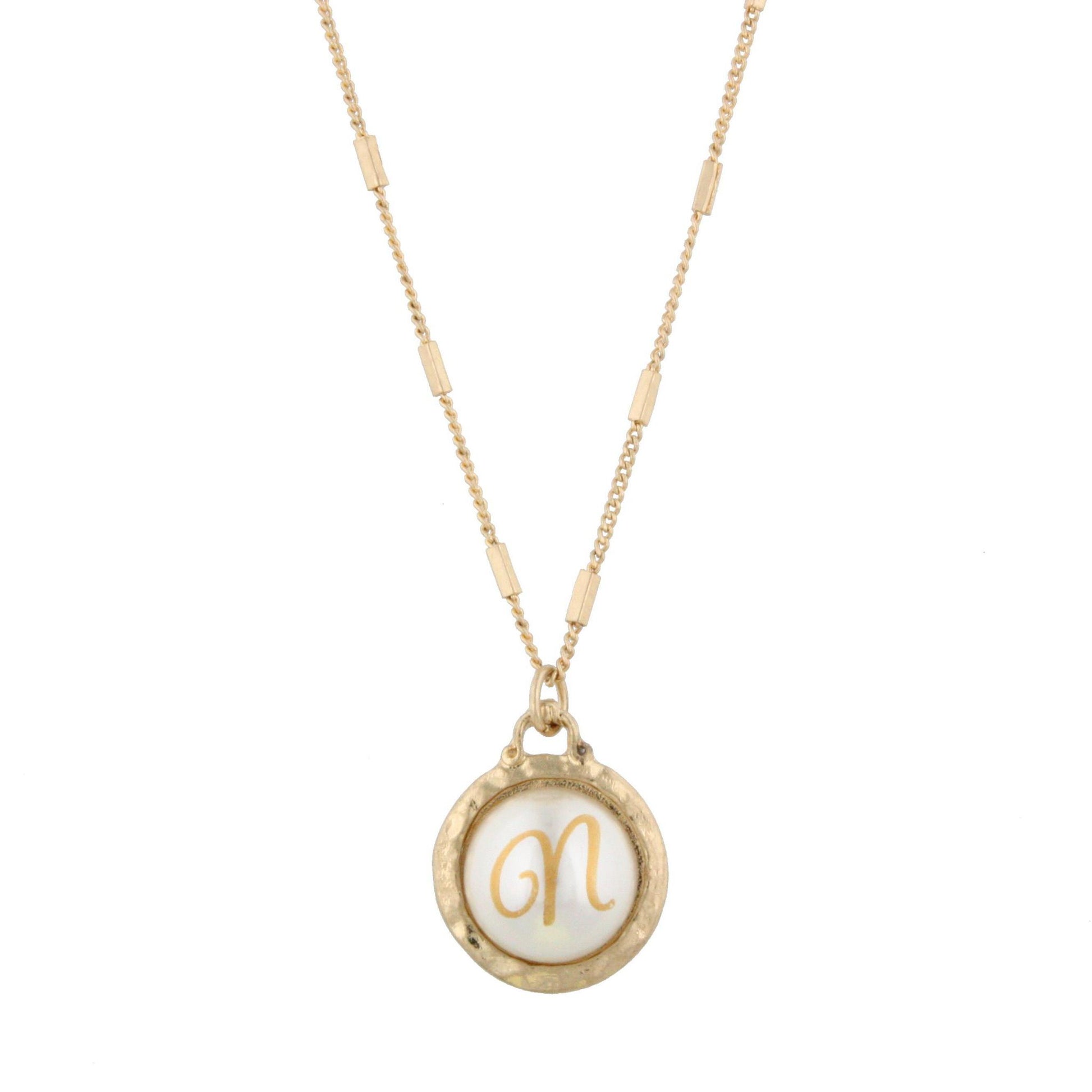 16" Gold Chain Necklace with Pearl Cabochan N Initial, 3" Ext