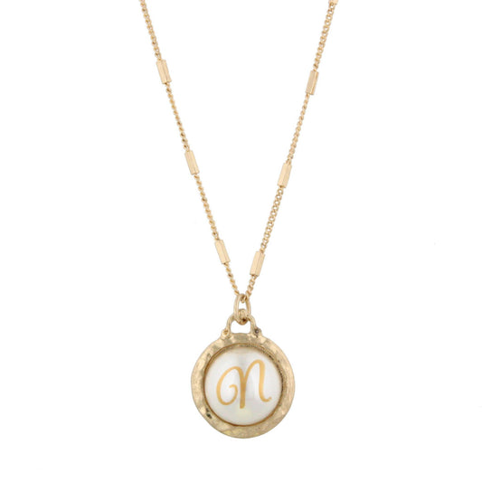 16" Gold Chain Necklace with Pearl Cabochan N Initial, 3" Ext