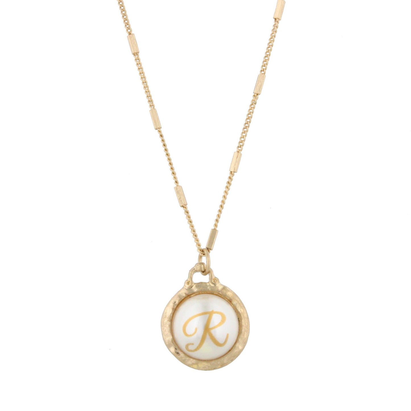 16" Gold Chain Necklace with Pearl Cabochan R Initial, 3" Ext