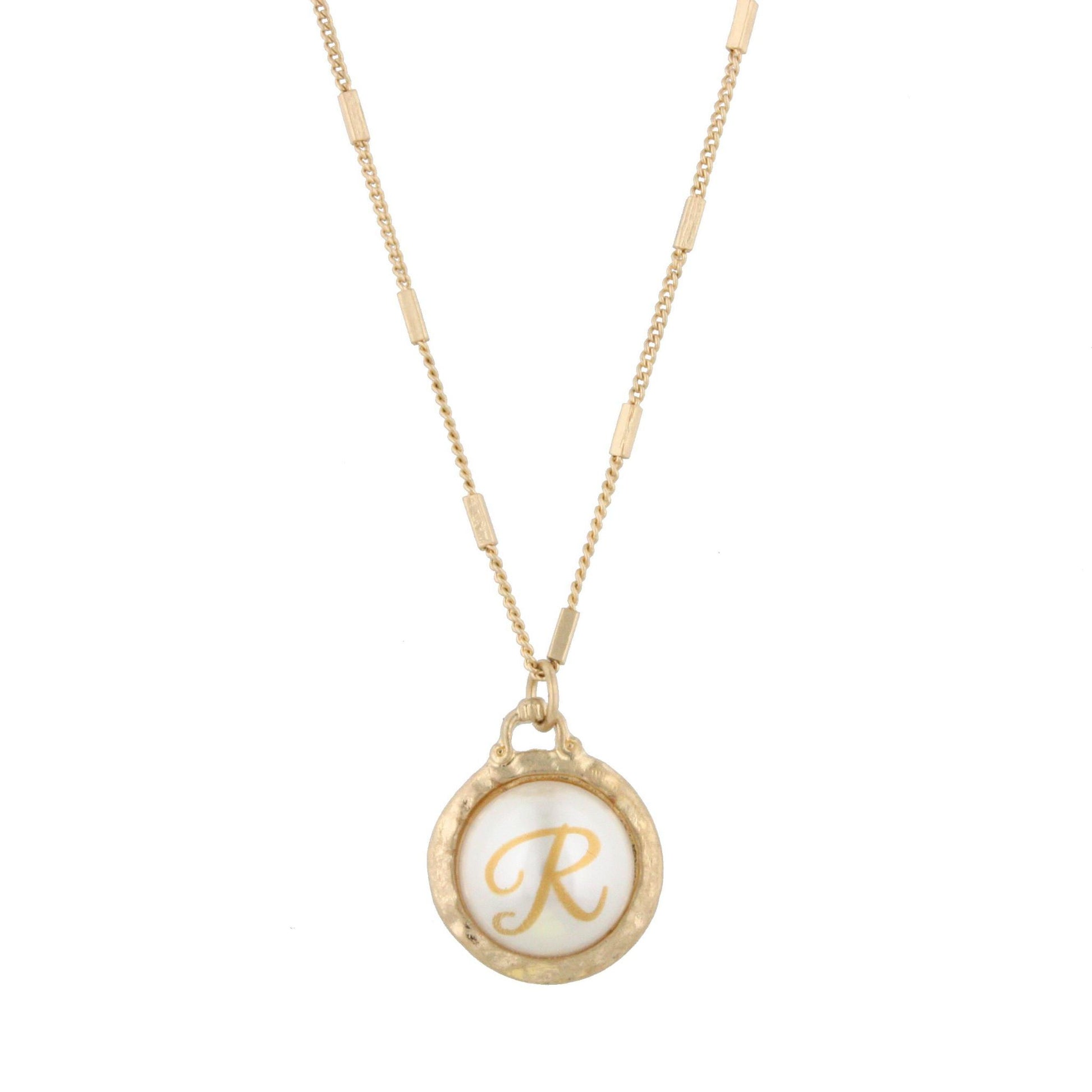 16" Gold Chain Necklace with Pearl Cabochan R Initial, 3" Ext