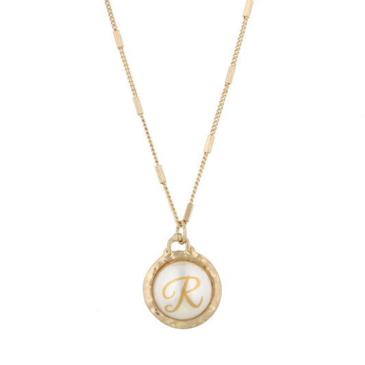 16" Gold Chain Necklace with Pearl Cabochan R Initial, 3" Ext