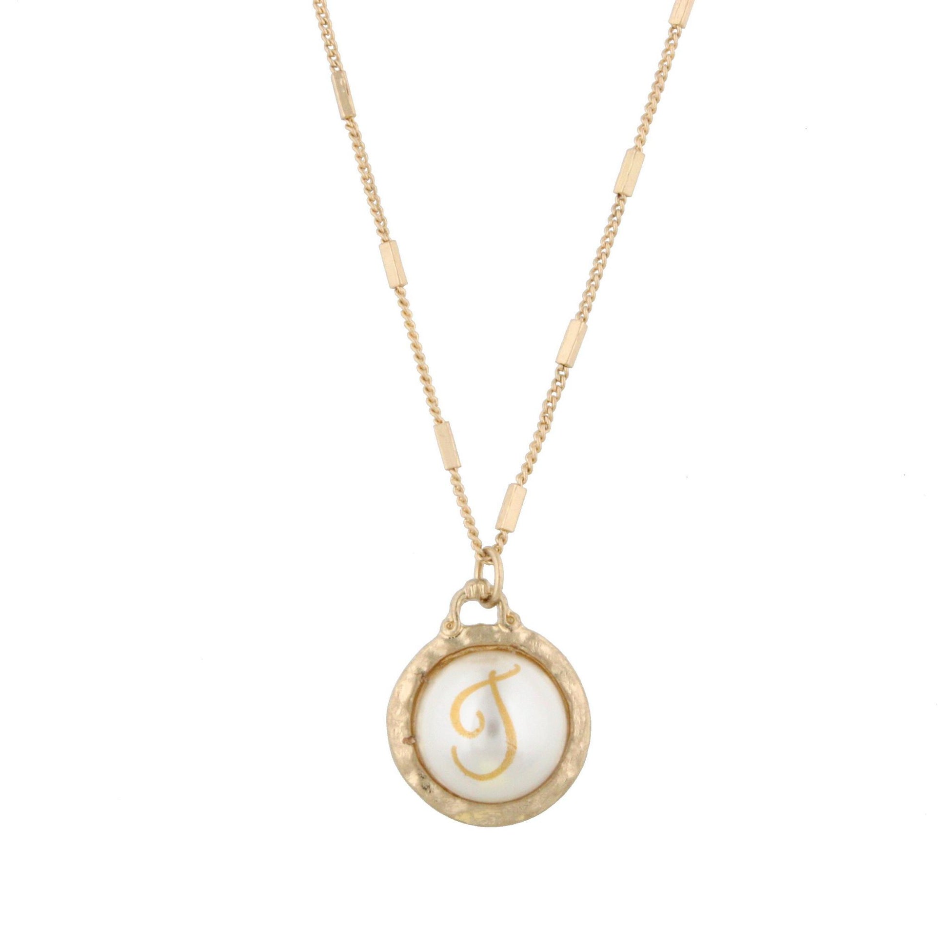 16" Gold Chain Necklace with Pearl Cabochan T Initial, 3" Ext