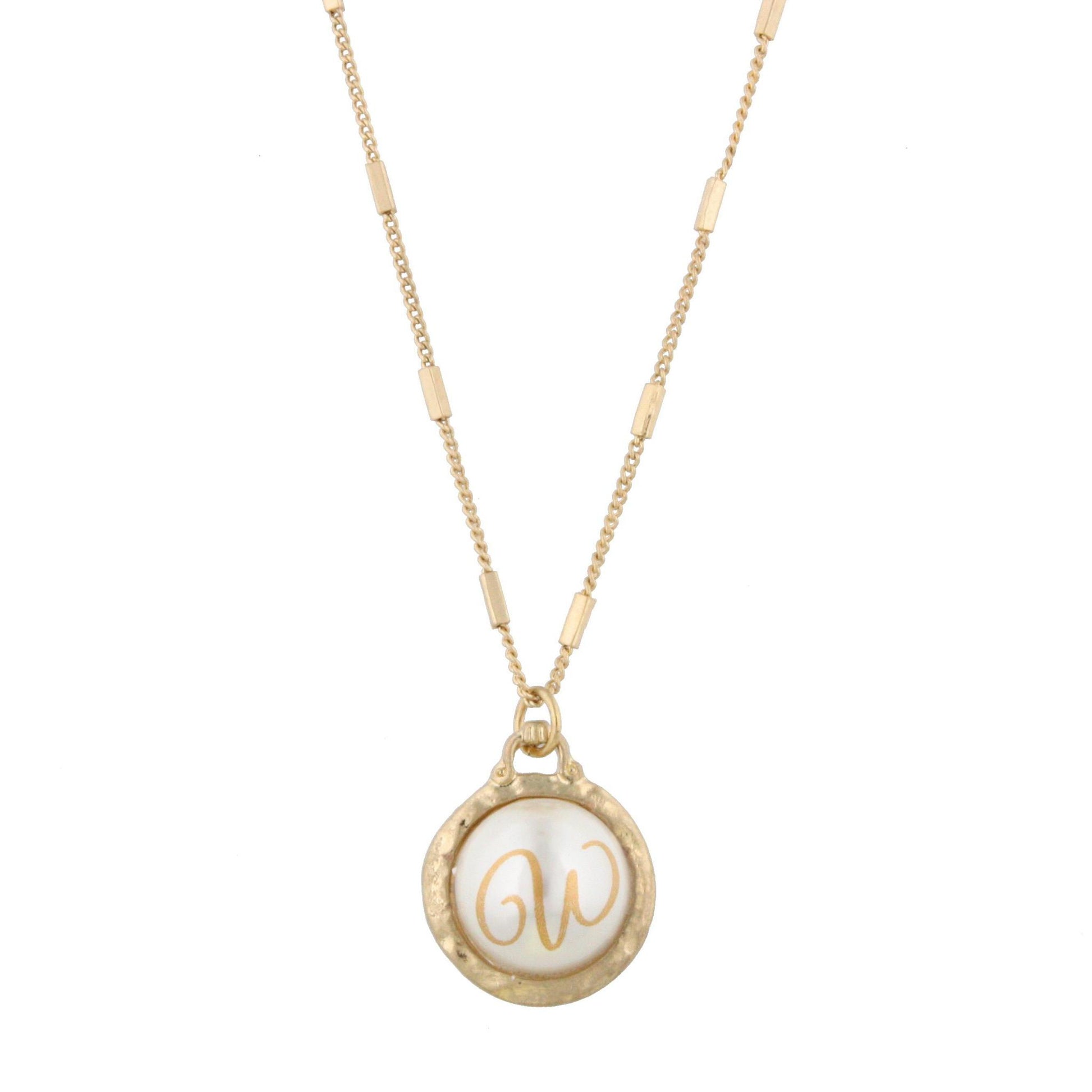 16" Gold Chain Necklace with Pearl Cabochan W Initial, 3" Ext