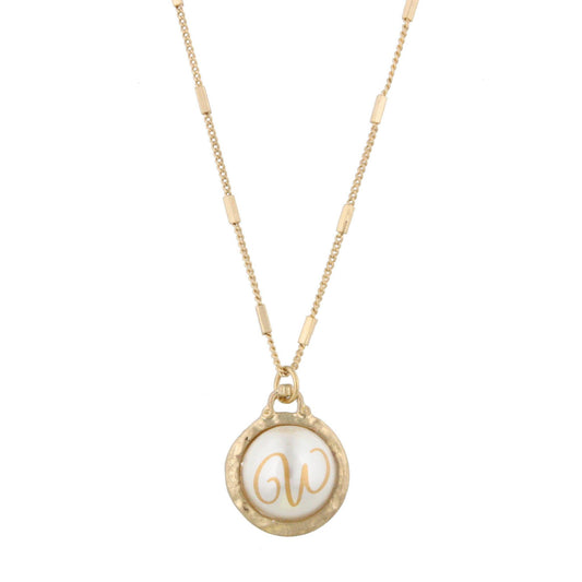 16" Gold Chain Necklace with Pearl Cabochan W Initial, 3" Ext