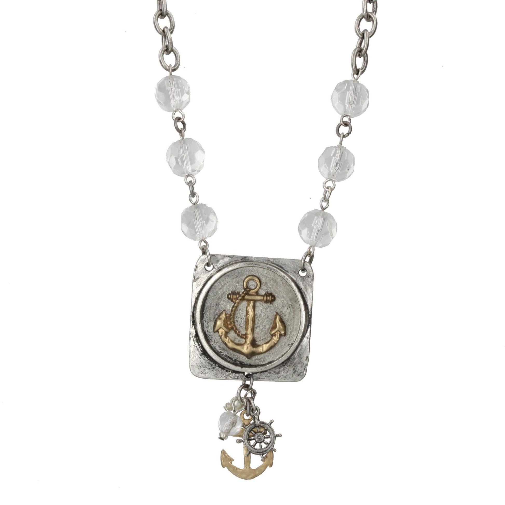 18" Silver Chain Necklace with Crystal Accents with Square Anchor Icon Piece and Charm Cluster, 3" Ext