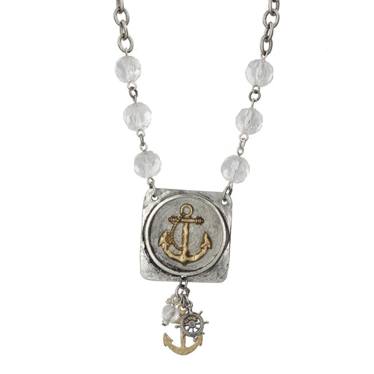 18" Silver Chain Necklace with Crystal Accents with Square Anchor Icon Piece and Charm Cluster, 3" Ext