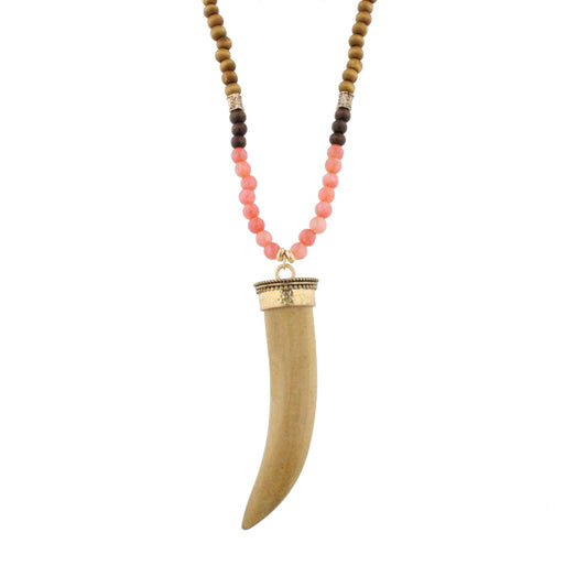 30" Wood and Pink Beaded Necklace with Wooden Horn, 3" Ext