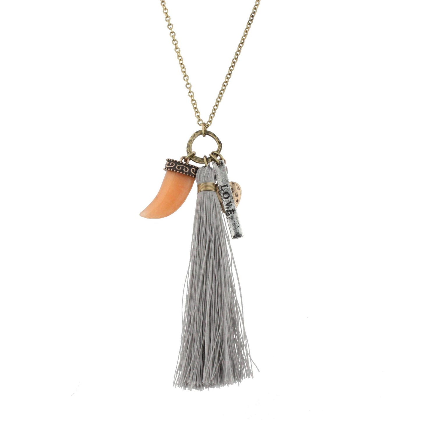 32" Gold Chain Necklace with Grey Tassel, Peach Horn, Gold and "Love" Charms, 3" Ext