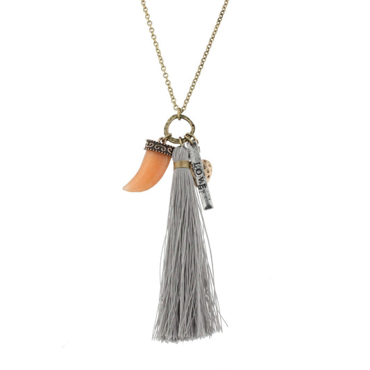 32" Gold Chain Necklace with Grey Tassel, Peach Horn, Gold and "Love" Charms, 3" Ext
